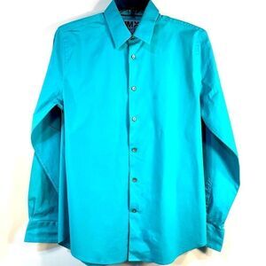 TEAL FITTED 1MX LONG SLEEVE BUTTON DOWN DRESS SHIRT by EXPRESS 16-16.5 S-L NWT